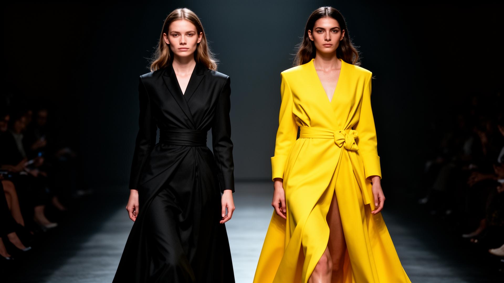 Two models on the runway in black and yellow