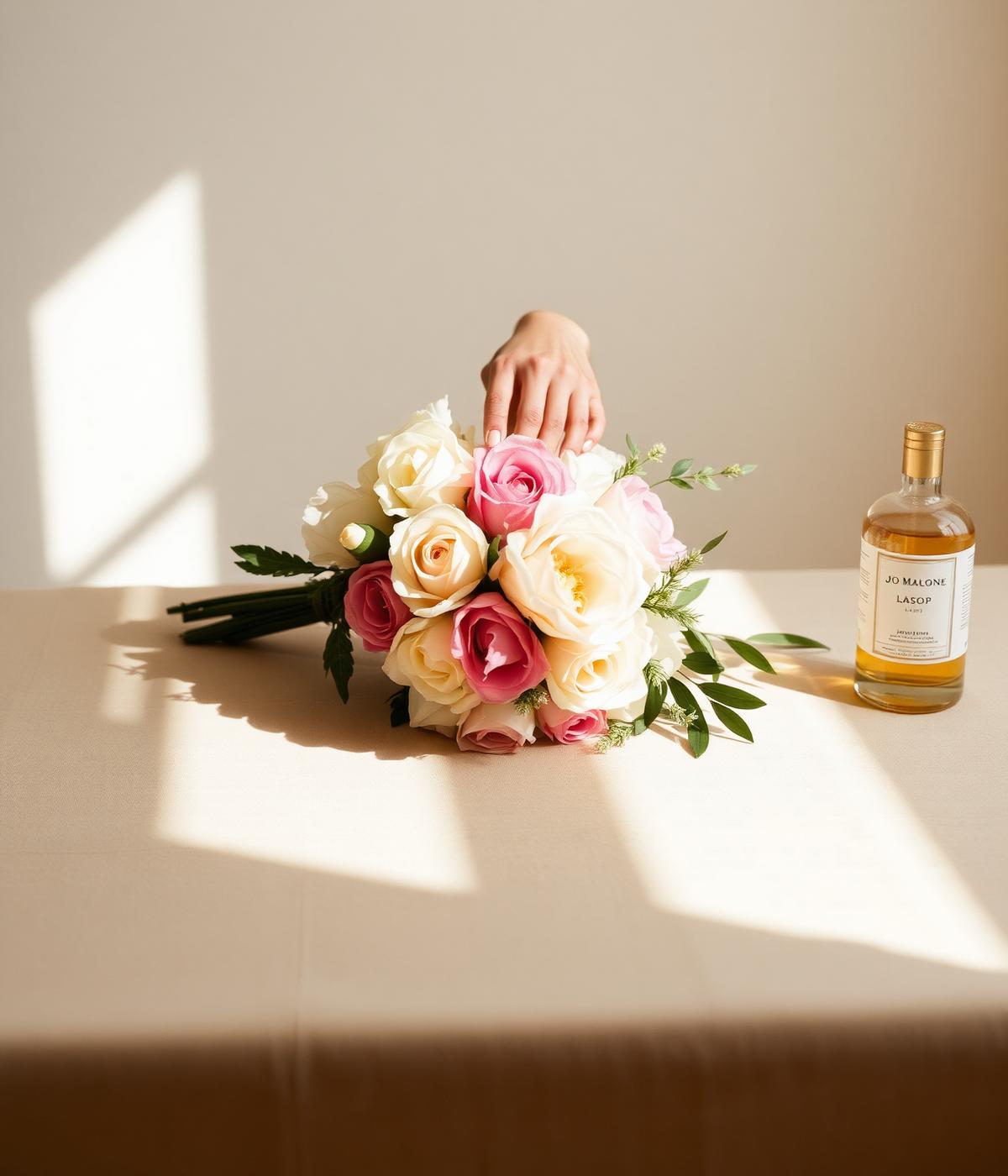 Florist arranging a soft pink bouquet in a sunlit atelier