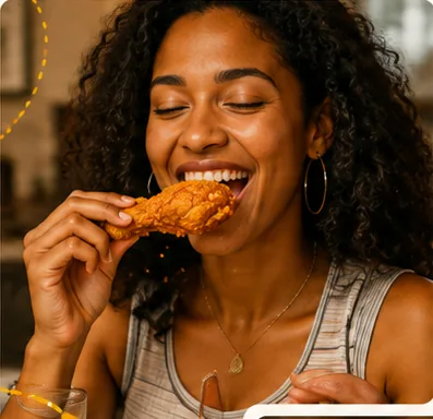 A guest enjoying a piece of Crispy Crunch chicken