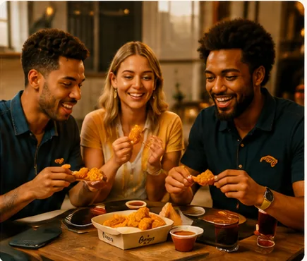 Friends sharing a bucket of fried chicken