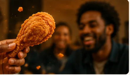A drumstick held up at a busy table