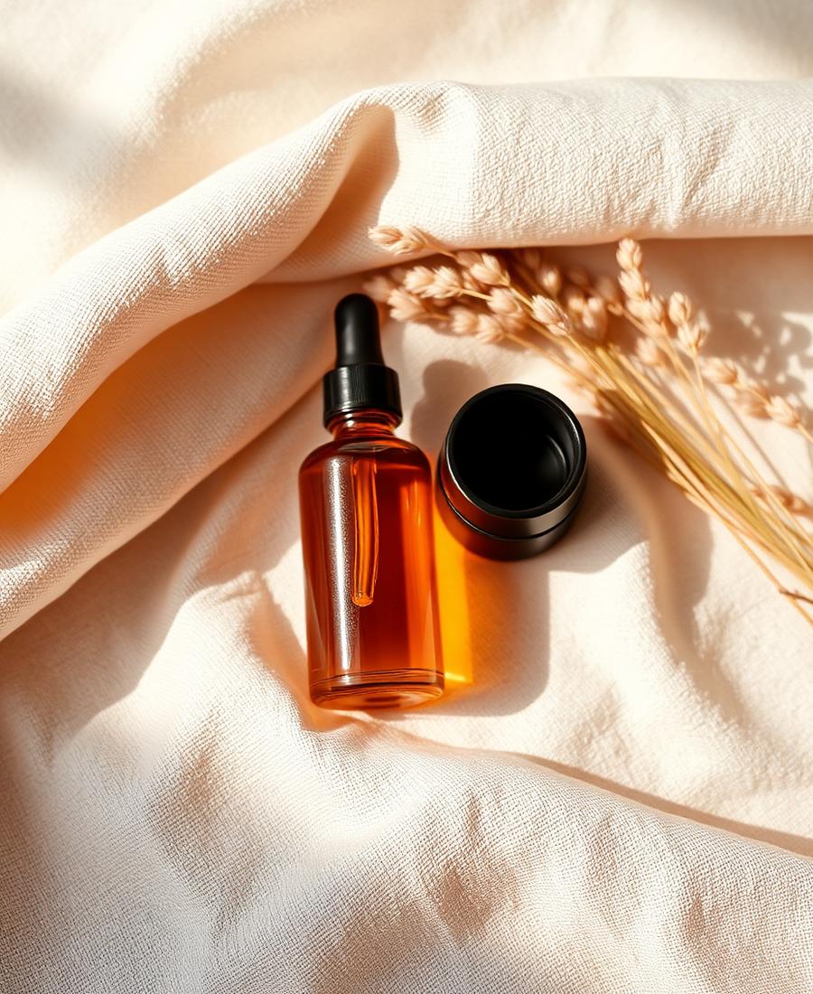Amber beauty serum and cream on warm ivory linen